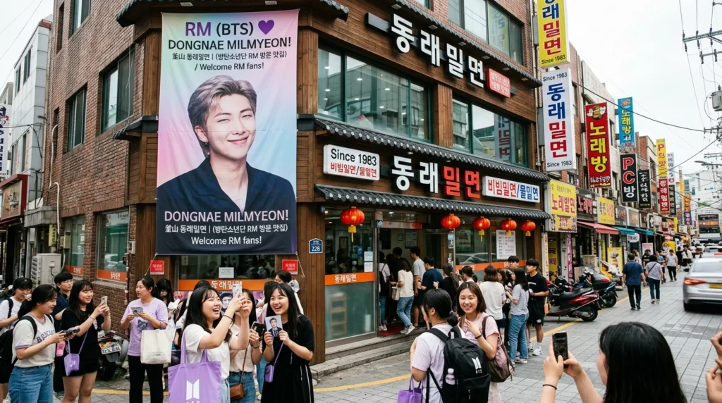 Restaurant with large BTS RM banner, fans taking photos outside Korean storefront


