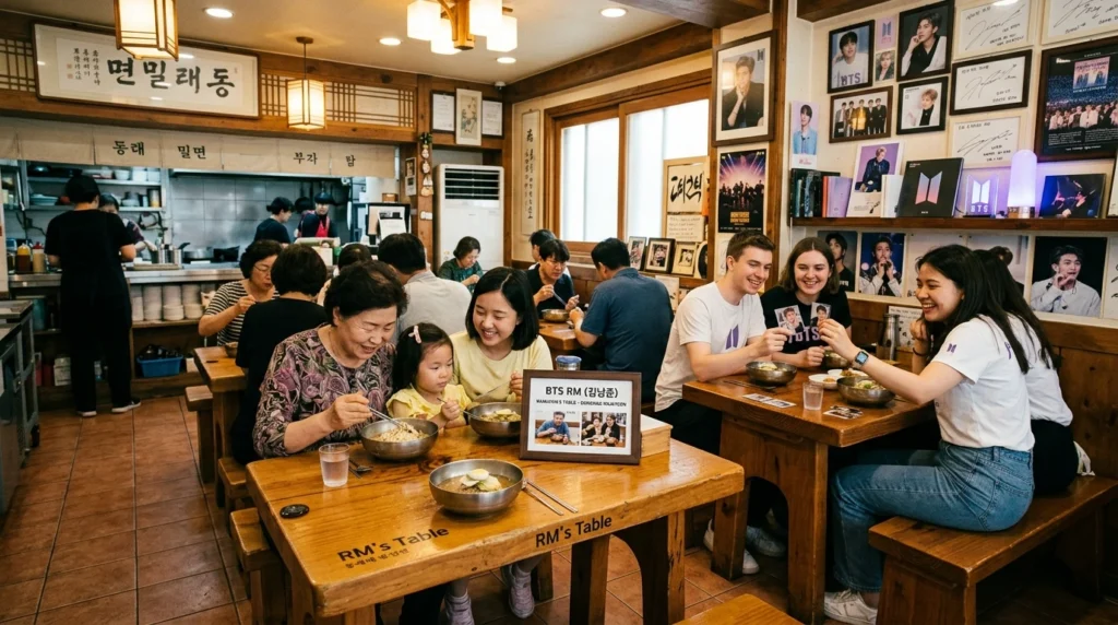 Preserved RM table with commemorative stand, BTS memorabilia, families and ARMY fans dining