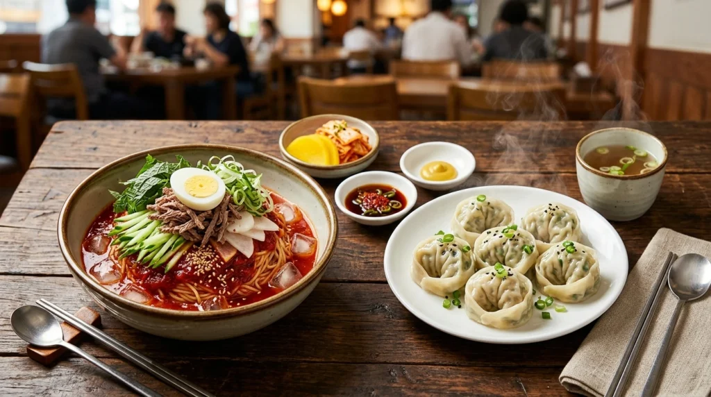 Spicy bibim milmyeon beside steaming handmade dumplings with vinegar, mustard and hot broth


