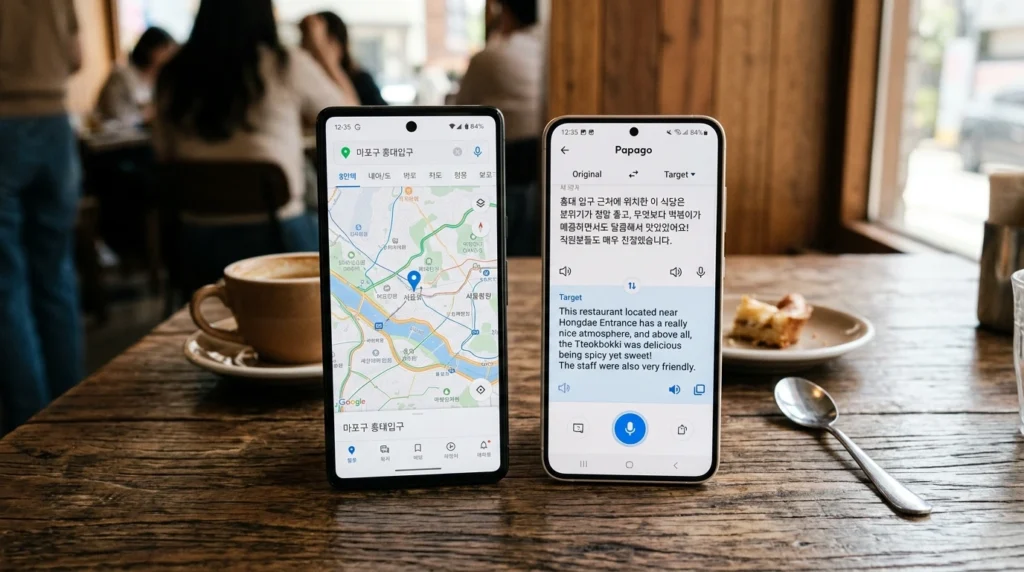 Two smartphones displaying Naver Map and Papago translation app side by side