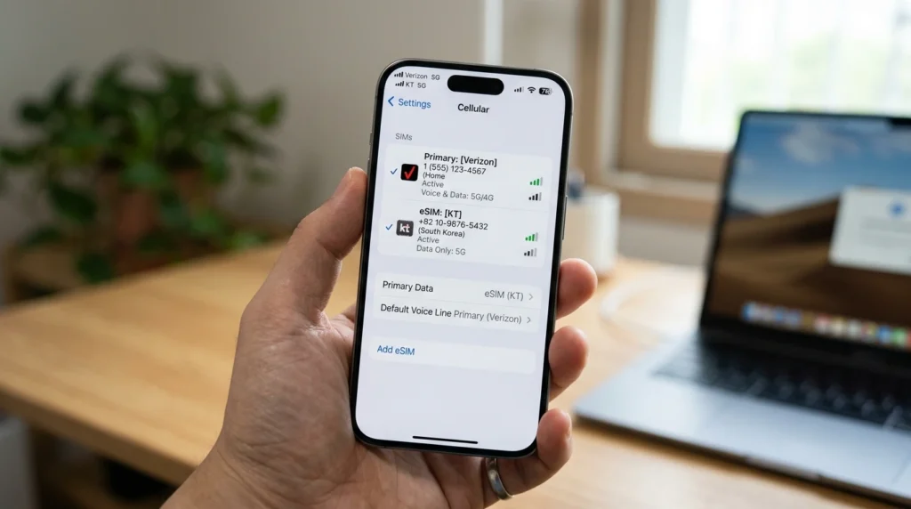 Smartphone screen displaying settings interface showing both North American home number and Korean eSIM active simultaneously with dual SIM options