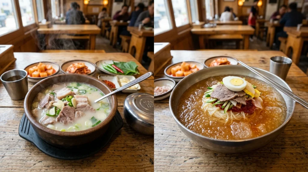 Dwaeji Gukbap (Pork Rice Soup), Milmyeon (Korean Chilled Wheat Noodles)