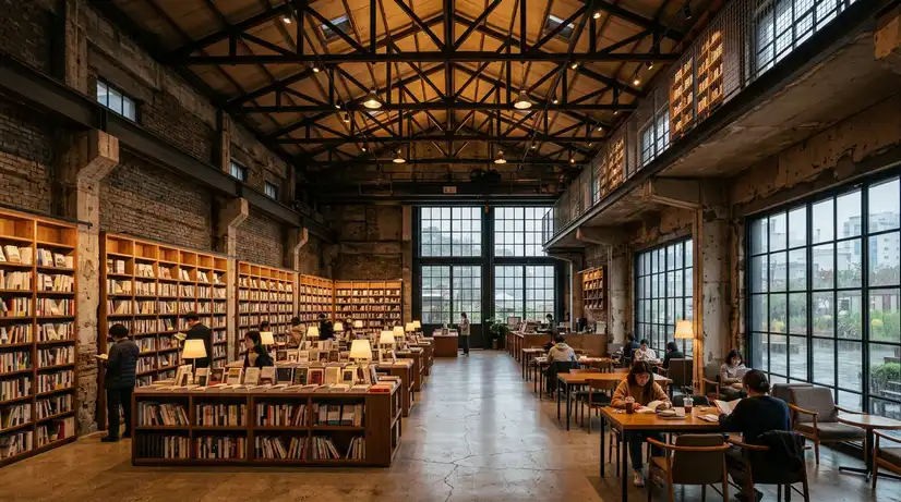 Industrial-chic F1963 interior with high ceilings, exposed steel, vast bookstore, and cozy cafe area in Busan