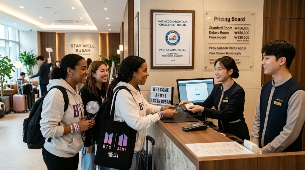 Hotel reception displaying Fair Accommodation certificate welcoming BTS fans 