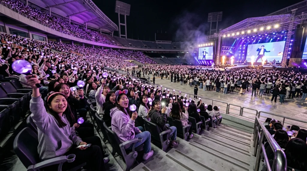 Tiered staircase seating with excited fans enjoying clear stage view with light sticks


