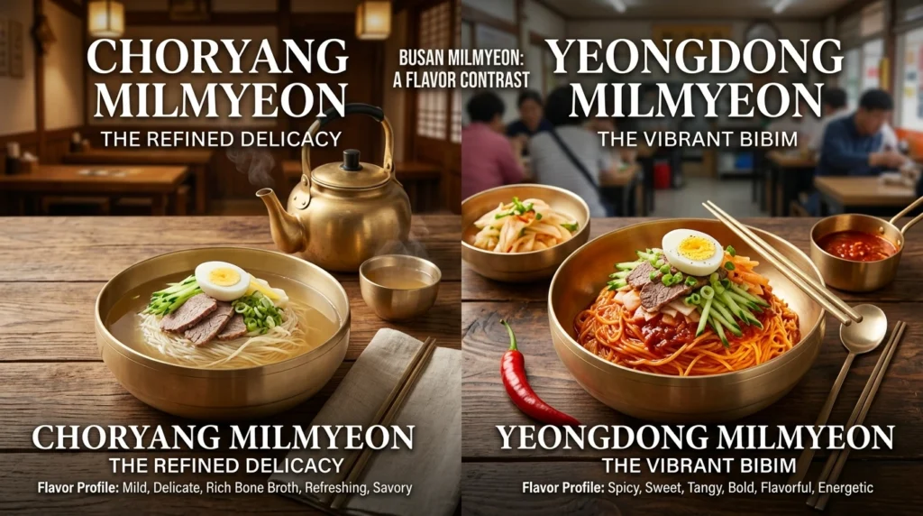 Choryang Milmyeon featuring delicate refined mild broth and clean presentation with warm bone broth kettle, right side showing Yeongdong Milmyeon vibrant bibim milmyeon with sweet and sour sauce and colorful toppings, both in traditional metal bowls displaying side-by-side flavor profile contrast 