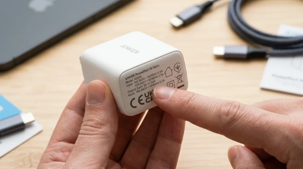 Close-up of charger showing Input 100-240V specification with finger pointing at text

