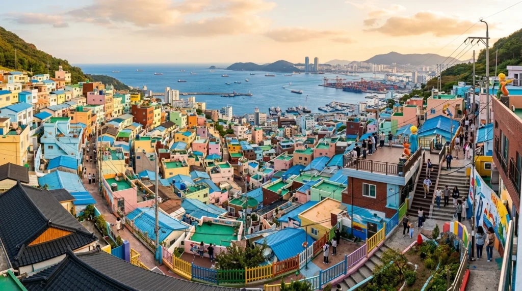 Breathtaking panoramic view of Gamcheon Culture Village Busan showing vibrant pastel-colored houses cascading down hillside slopes in rainbow pattern, narrow steep alleyways with art murals visible, tourists walking through labyrinth paths with blue ocean and harbor visible in distant background creating artistic colorful atmosphere 