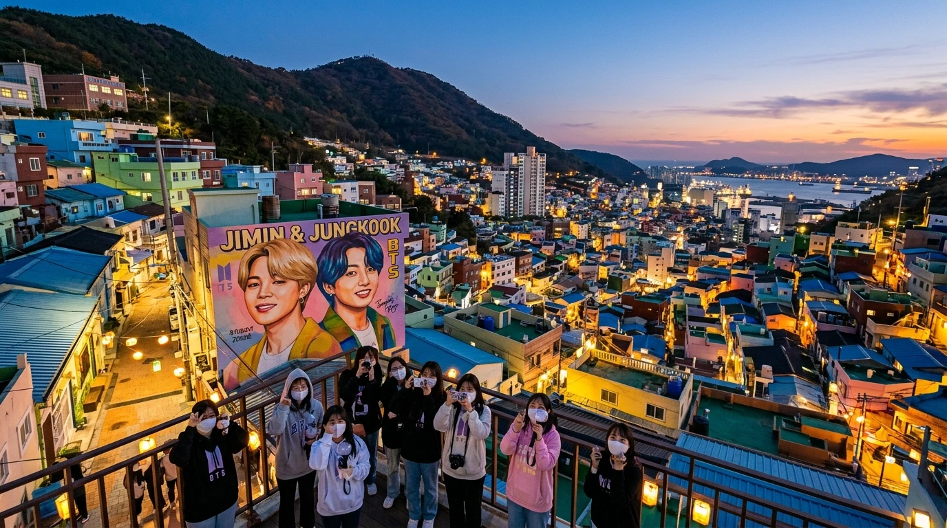 Gamcheon Culture Village at twilight with cascading colorful houses, massive Jimin and Jungkook mural, glittering village lights, Santorini of Korea