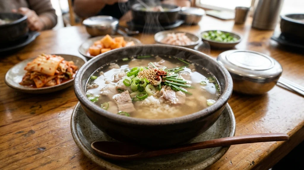 Close-up of signature clear pork broth in traditional Korean earthenware bowl with bite-sized domestic pork pieces, white rice, and green onions, showcasing transparent consommé-like soup made with Toryeom cooking technique