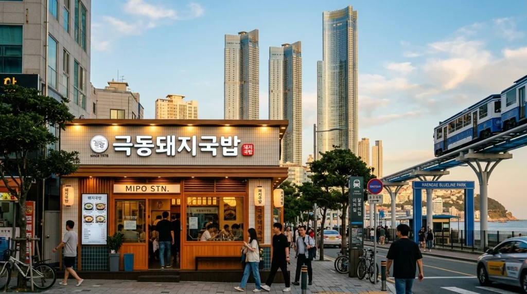 Modern Korean pork soup restaurant storefront located near Haeundae LCT skyscrapers and Blueline Park Mipo Station in Busan, featuring prominent Korean signage and coastal neighborhood atmosphere during golden hour 