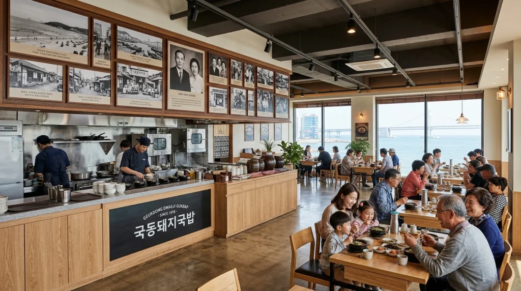 Spacious and stylish restaurant interior showcasing open kitchen with black-and-white nostalgic photographs of old Busan and two-generation family history, blending traditional heritage with contemporary aesthetics