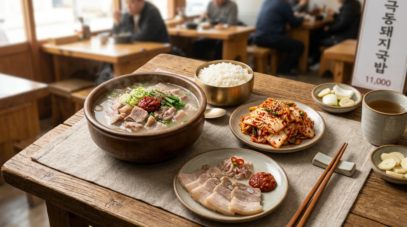 Hero shot of signature dishes including clear pork soup with bite-sized domestic pork, vibrant freshly-made geotjeori unfermented kimchi, and tender Suyuk boiled pork slices demonstrating premium quality ingredients