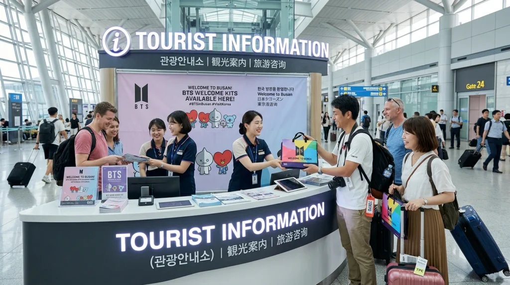 Airport staff distributing BTS welcome kits to international visitors at information desk</p> <p>