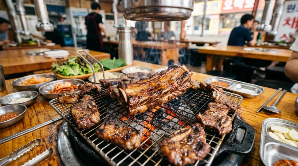 Marbled beef short ribs grilling with tender meat falling off bone