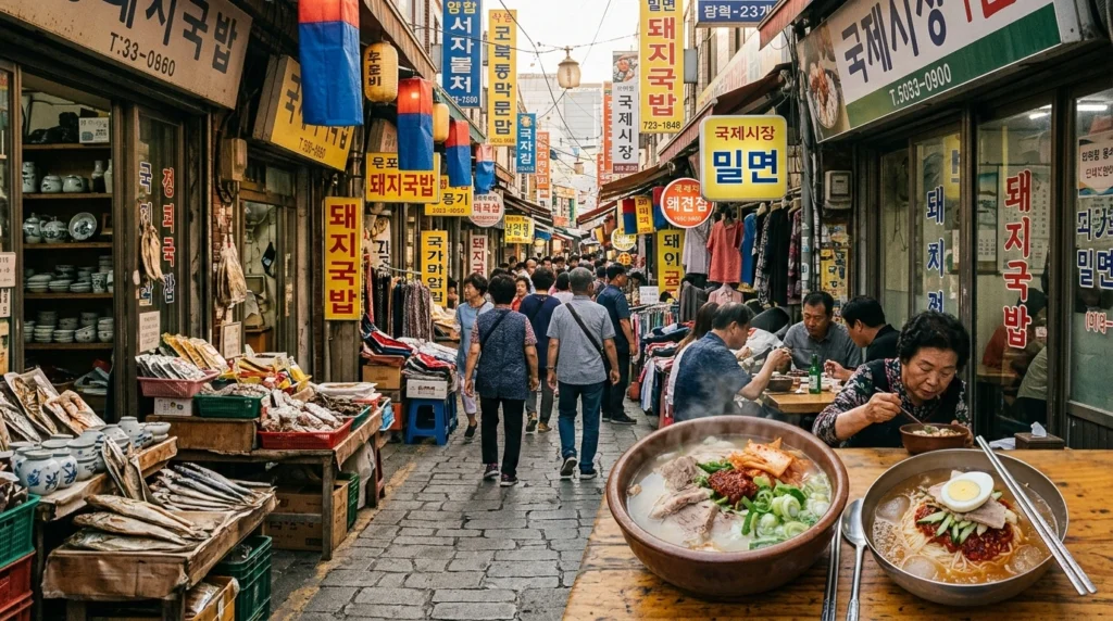 Historic labyrinth alleyways of Gukje Market Busan with narrow vintage street lined with traditional shops, Korean market signs and colorful banners overhead, foreground showing steaming bowls of Dwaeji Gukbap pork soup and cold Milmyeon wheat noodles on market stall tables with local customers eating street food in treasure hunt atmosphere 