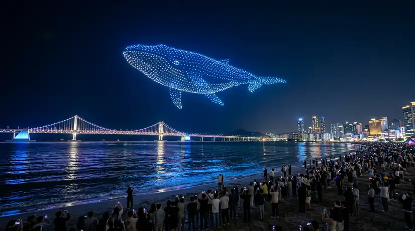 Hundreds of synchronized glowing drones forming giant whale shape over Gwangalli Beach with illuminated bridge behind