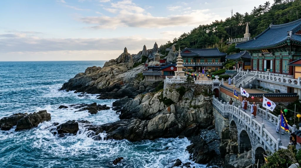 Stunning Haedong Yonggungsa Temple built on rocky coastline edge with traditional Korean Buddhist temple architecture featuring colorful roof tiles and ornate details, temple buildings positioned directly above crashing ocean waves in dramatic coastal cliff setting with blue sea surrounding temple creating spiritual peaceful atmosphere 