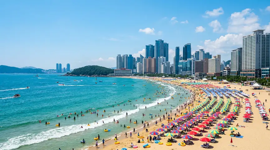 Crystal clear turquoise water with colorful parasols on golden sand, modern skyscrapers in background