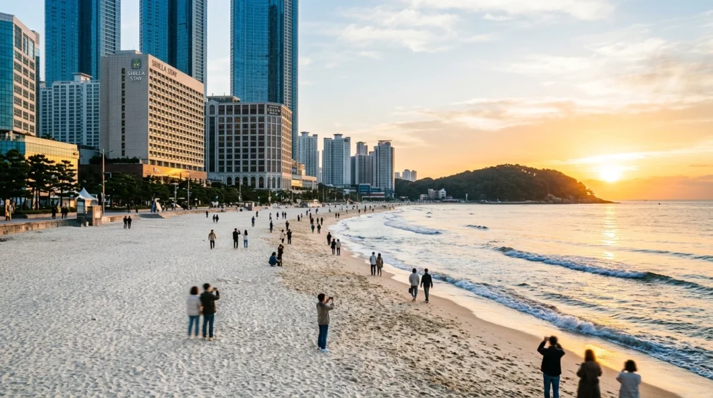 Haeundae Beach morning with luxury hotels, white sand, sunrise, Dongbaekseom Island, Marine City high-rises, golden light 