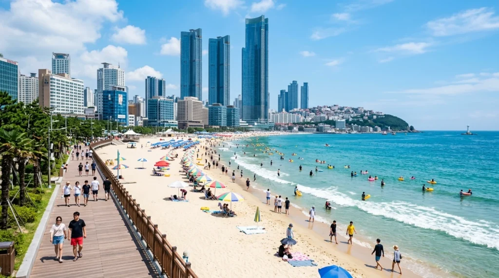 Professional travel photography of Haeundae Beach in Busan featuring beautiful white sandy beach with crystal clear water, beachgoers enjoying summer day, modern high-rise buildings and skyscrapers in background under sunny blue sky, vibrant coastal atmosphere with people walking along boardwalk creating ultimate beach destination vibe 