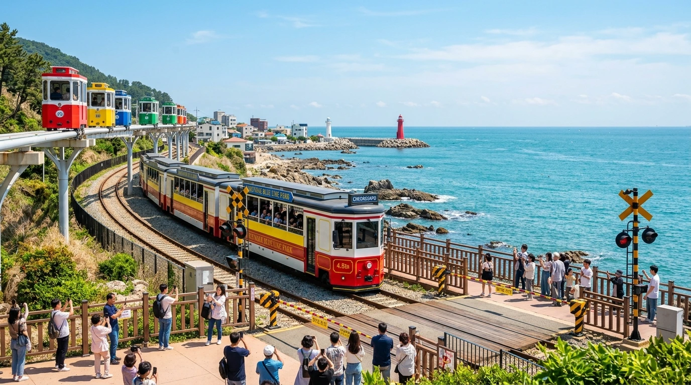 Coastal railway at Blue Line Park, colorful train on 4.8km track, Cheongsapo Slam Dunk style ocean view, Sky Capsule visible