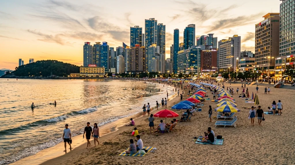 Haeundae Beach Busan at golden hour with wide sandy shore and gentle waves, modern skyscrapers and neon-lit buildings creating dramatic urban skyline backdrop, beachgoers and tourists relaxing on sand with colorful beach umbrellas showing juxtaposition of natural beach and glittering cityscape 