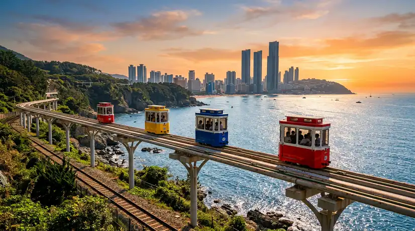 Colorful red, yellow, and blue sky capsules on elevated coastal track overlooking sparkling ocean during golden sunset