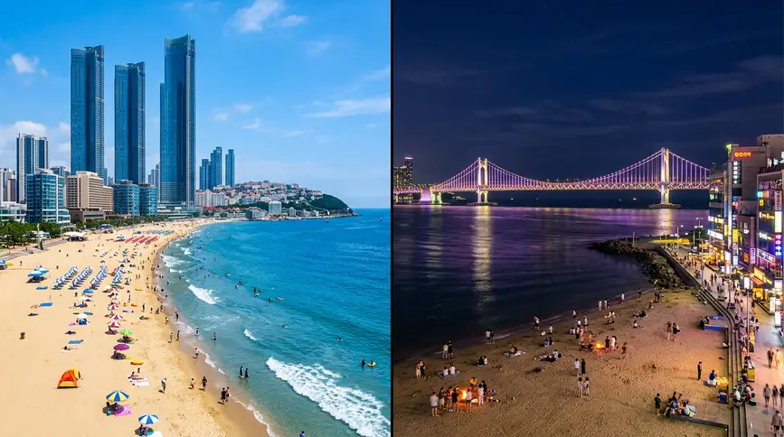 Left: Haeundae Beach with luxury skyscrapers in daylight; Right: Gwangalli Beach at night with illuminated Gwangan Bridge
