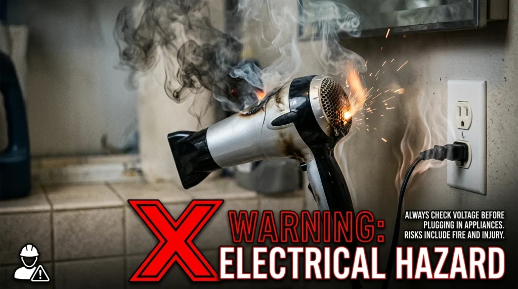 Smoking sparking hair dryer with melted plastic and warning symbols showing voltage danger

