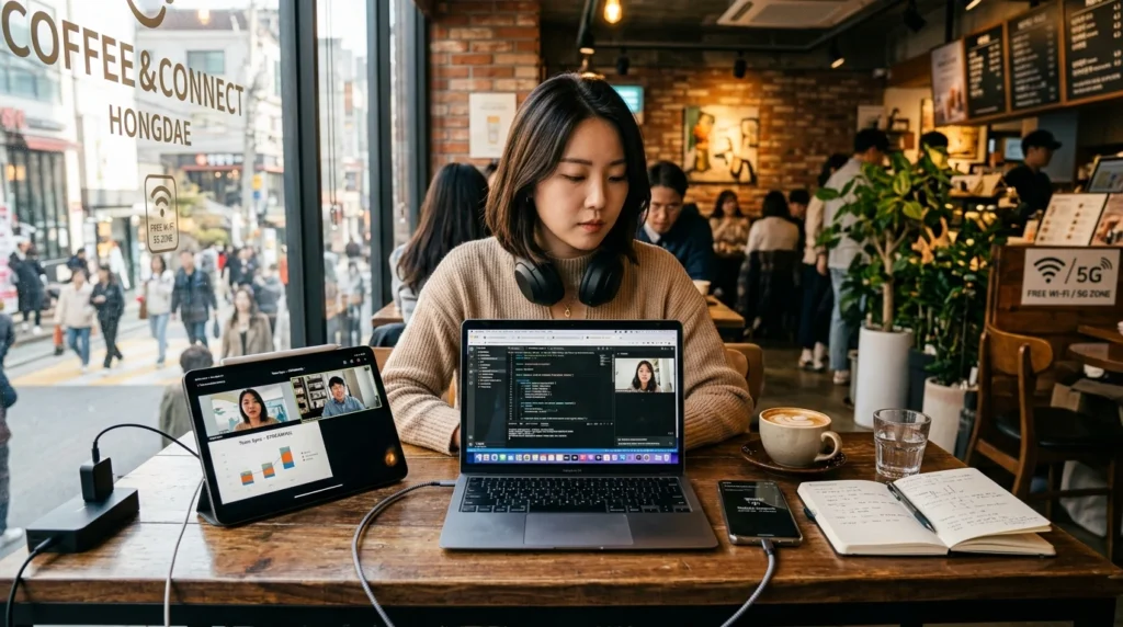 Digital nomad at trendy Seoul cafe using smartphone hotspot tethered to laptop while streaming on tablet showing unlimited data usage scenario