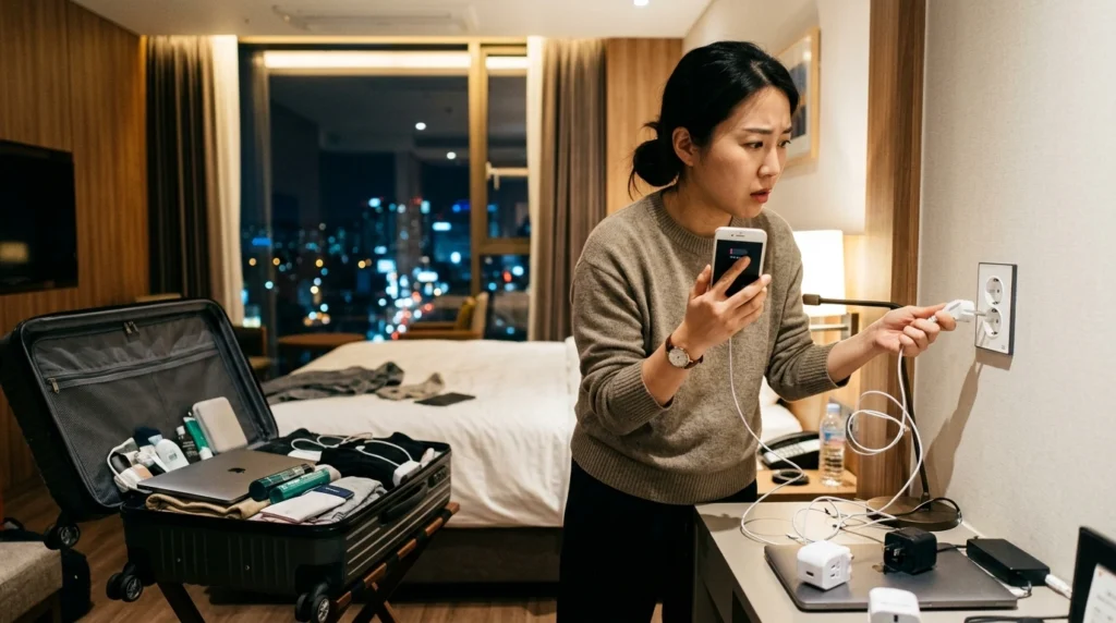 Traveler with 2% phone battery looking at unfamiliar Korean outlet in hotel room

