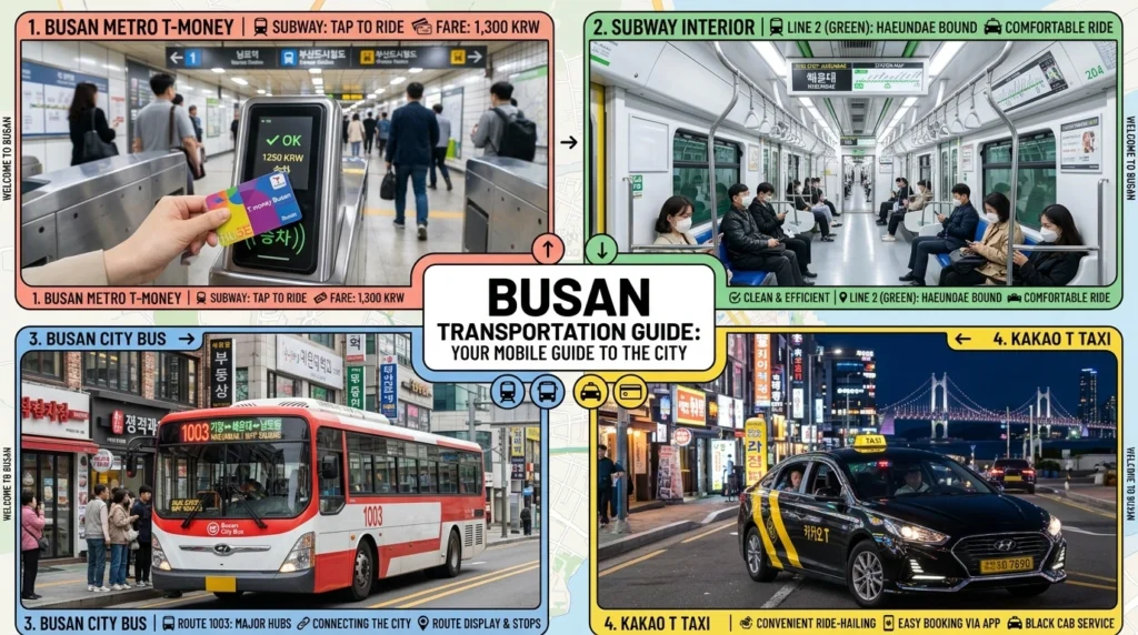 T-Money card on subway turnstile, Busan metro train, city bus, Kakao T taxi, complete transportation guide 