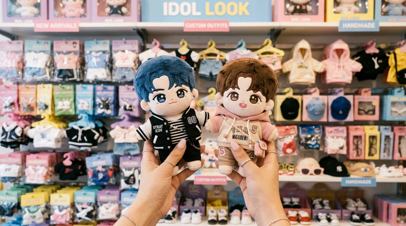 Hands holding K-pop idol plush dolls with custom outfits at Idol Look store