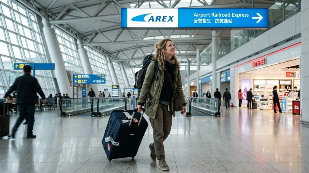 Tired traveler at Incheon Airport spotting AREX signage with heavy luggage in bright modern terminal 