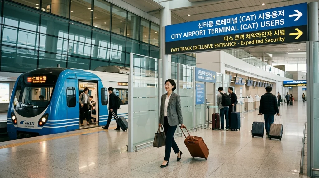 AREX train at terminal with Fast Track lane signage, passengers bypassing general security lines 