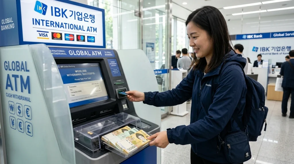 Traveler withdrawing Korean won bills from international ATM at Korean bank