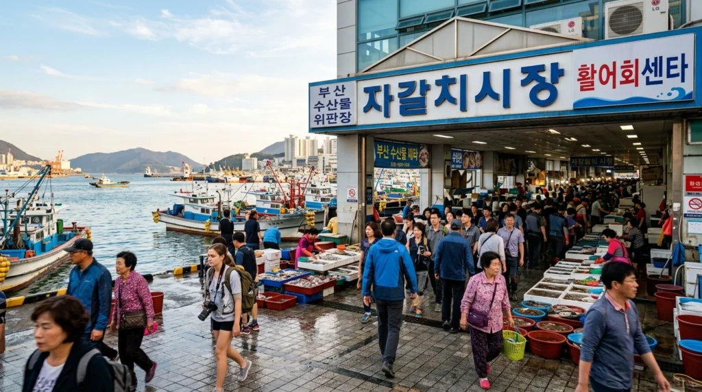 Vibrant bustling scene at Jagalchi Market Busan entrance showing iconic market building facade with Korean signage, coastal location at edge of sea with fishing boats visible in harbor background, diverse travelers and locals walking near market entrance in accessible urban setting