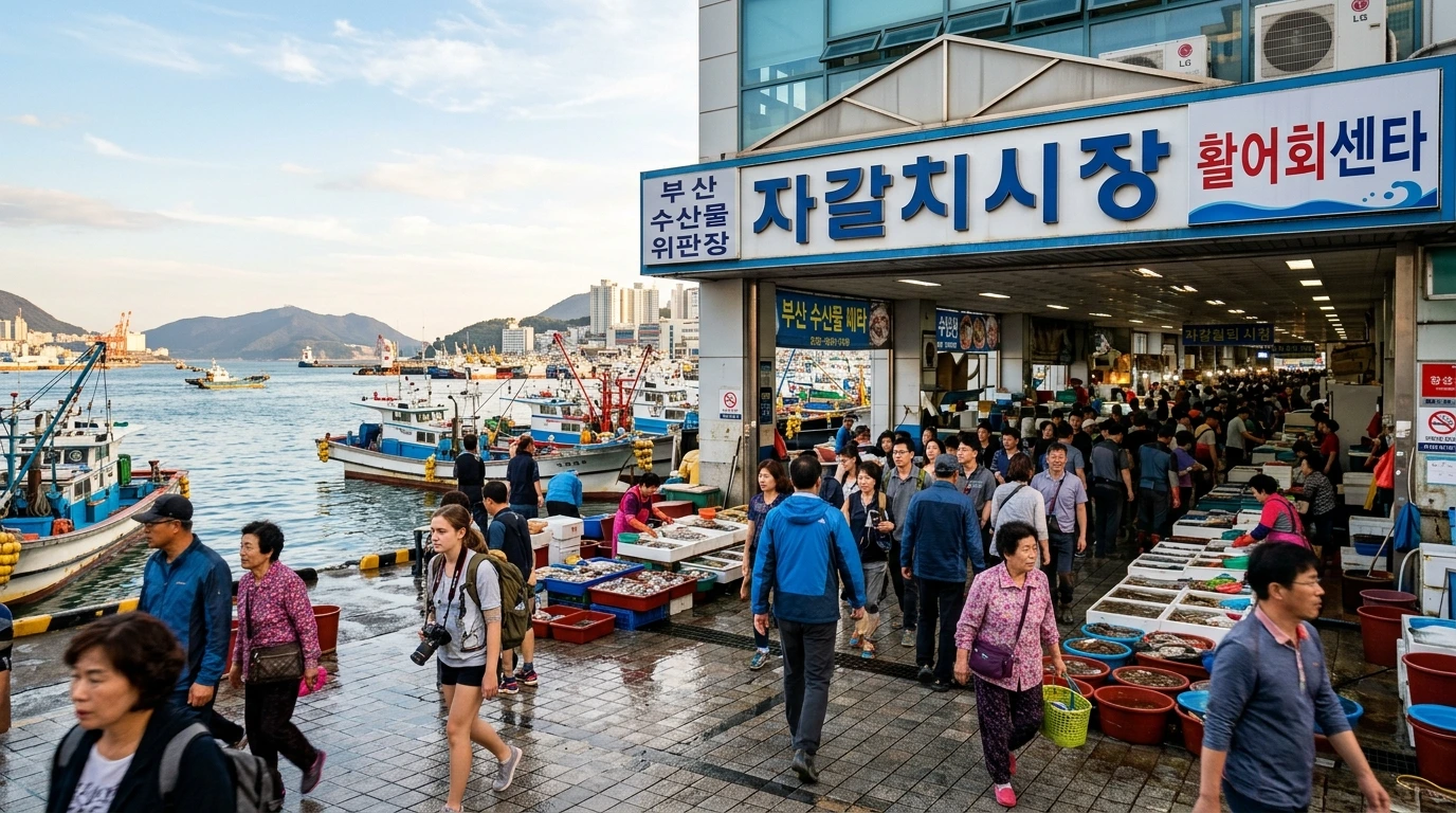 Vibrant bustling scene at Jagalchi Market Busan entrance showing iconic market building facade with Korean signage, coastal location at edge of sea with fishing boats visible in harbor background, diverse travelers and locals walking near market entrance in accessible urban setting
