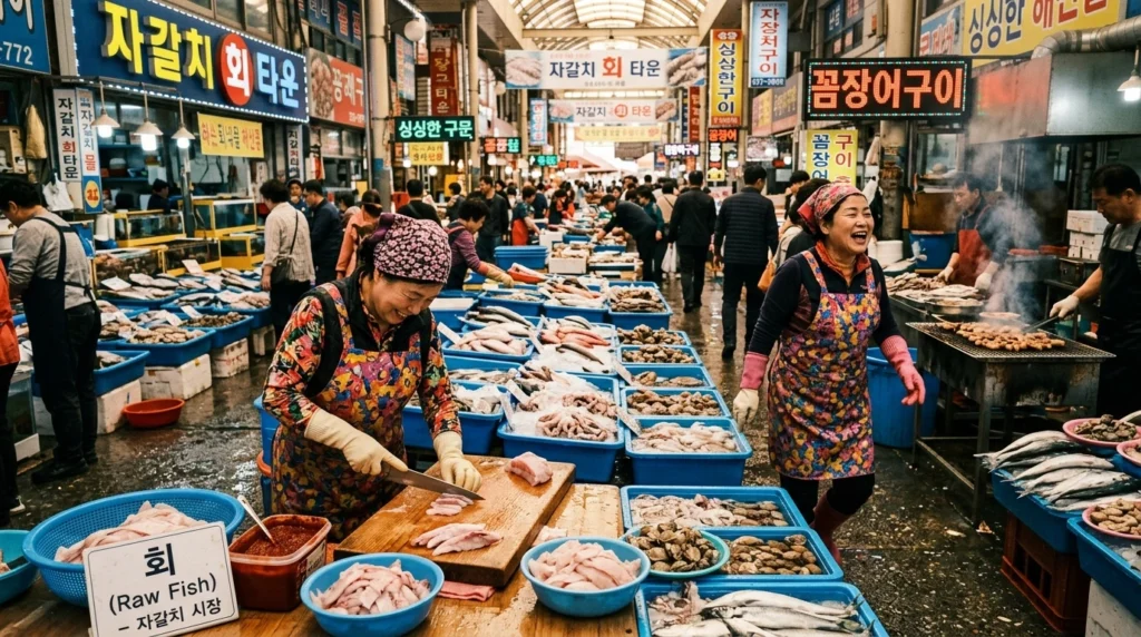 Vibrant chaotic scene at Jagalchi Market with bustling market floor showing fresh seafood displayed in blue plastic bins, local vendors Ajummas in colorful aprons calling out to customers, raw fish being sliced on cutting boards and grilled makchang beef intestines sizzling on grills in unassuming alley atmosphere with authentic local energy 