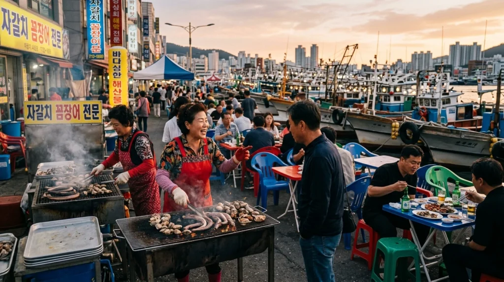 Atmospheric scene of Jagalchi Market outdoor waterfront stalls with energetic local vendors in colorful aprons grilling hagfish and seafood on open grills with smoke rising, customers dining at plastic tables enjoying fresh catches, fishing boats docked in harbor background with Busan dialect conversations creating vibrant local energy and salty sea breeze atmosphere