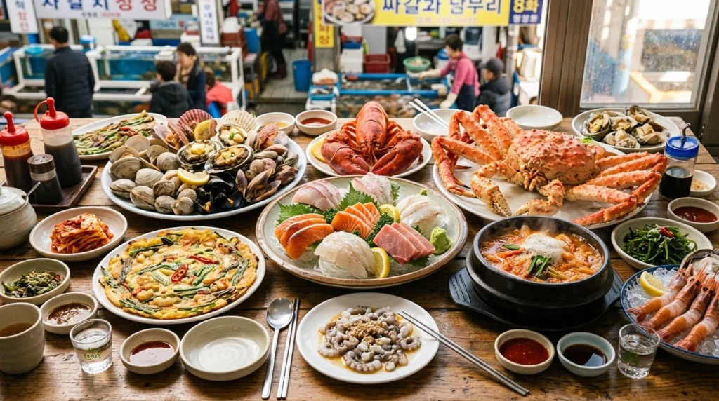 Abundant feast of Jagalchi Market seafood specialties arranged on table featuring fresh sashimi platter with raw fish slices, live Sannakji octopus tentacles still moving on plate with sesame oil, sweet Dokdo shrimp, massive snow crab and king crab, steamed lobster, grilled abalone, assorted shellfish, pan-fried seafood pancake and spicy red fish stew Maeuntang in earthenware pot