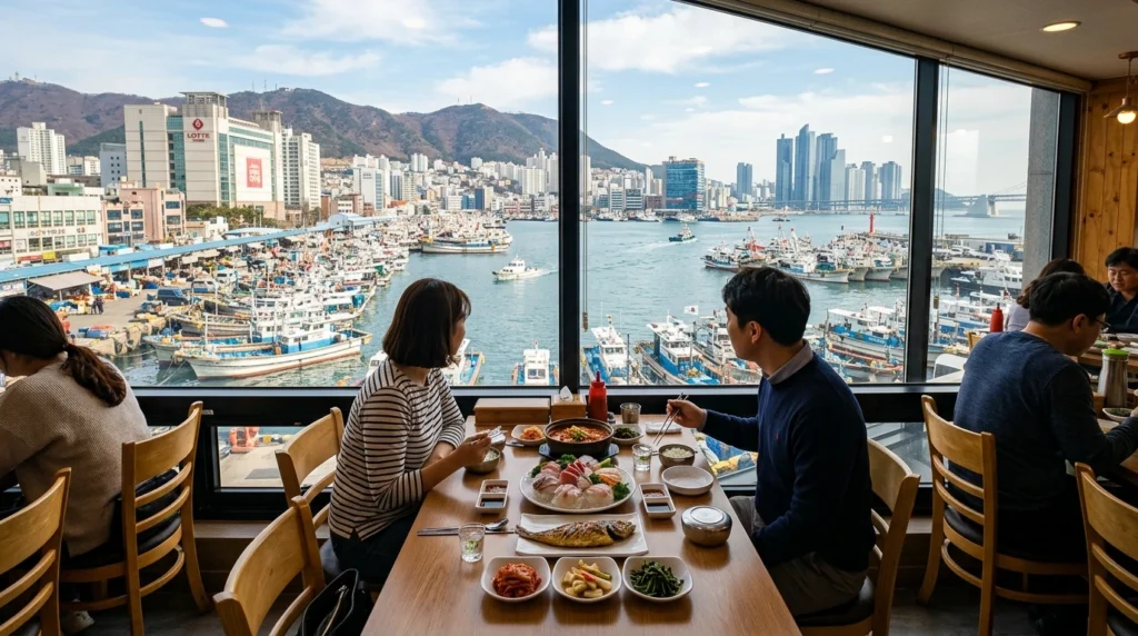 Scenic view from Jagalchi Market second floor window seat showing interior foreground with table of fresh seafood dishes and Korean side dishes, large window looking out over Busan harbor with docked fishing vessels and boats, ocean and coastal cityscape visible creating maritime charm atmosphere with diners enjoying meal
