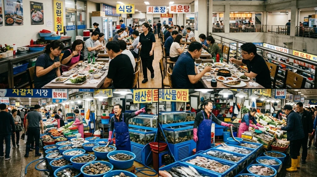 Two-level Jagalchi Market system with split view composition showing ground floor wet market with vendors displaying live fish, abalone, shellfish and eels in blue plastic bins with passionate merchants calling out, and second floor dining area with tables and customers eating prepared seafood demonstrating interactive tank-to-table journey