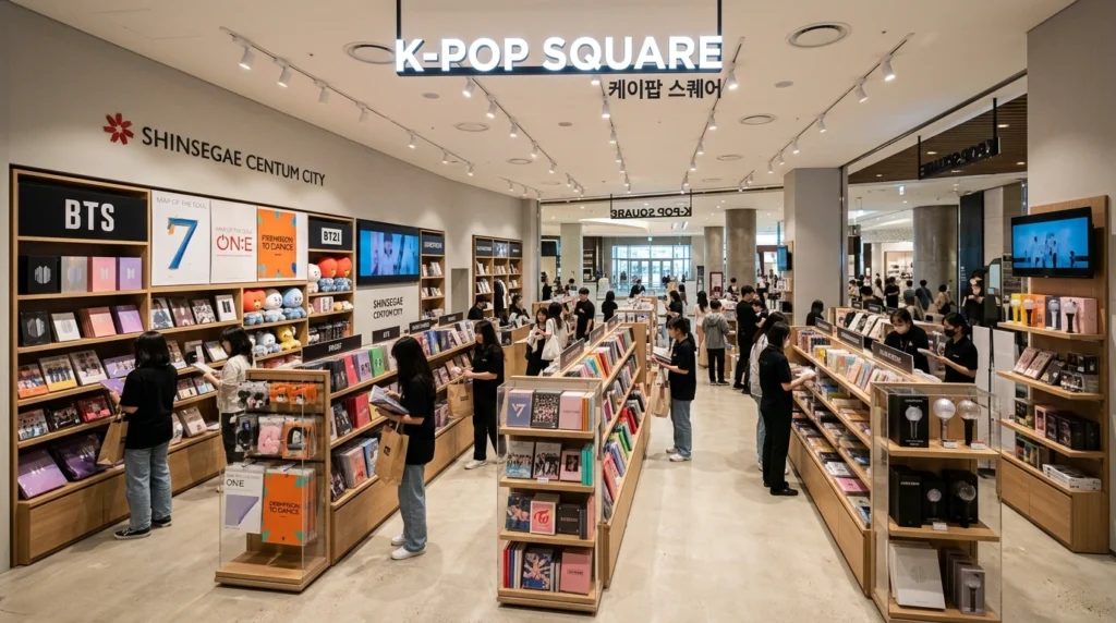 Spacious K-Pop Square store with organized BTS merchandise and album displays