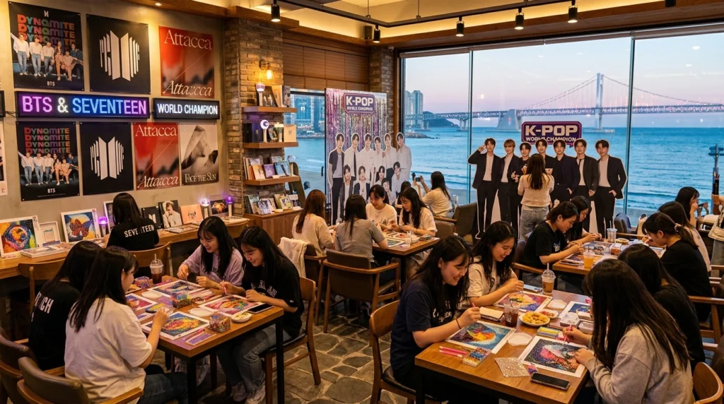 BTS themed cafe interior with cubic painting kits and ocean view in Gwangalli