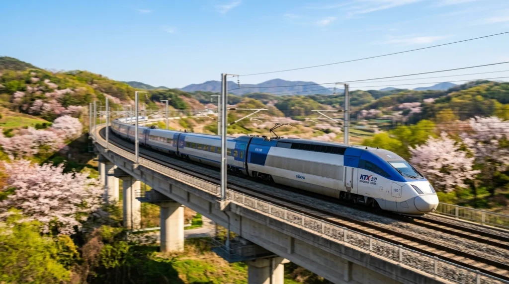 Silver KTX bullet train speeding through Korean countryside with cherry blossoms and green hills in background