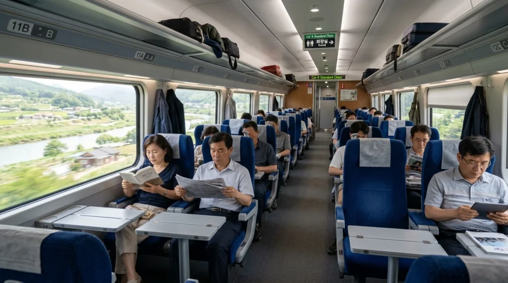 Interior view of KTX train standard class cabin with blue seats, passengers, and large windows showing passing scenery