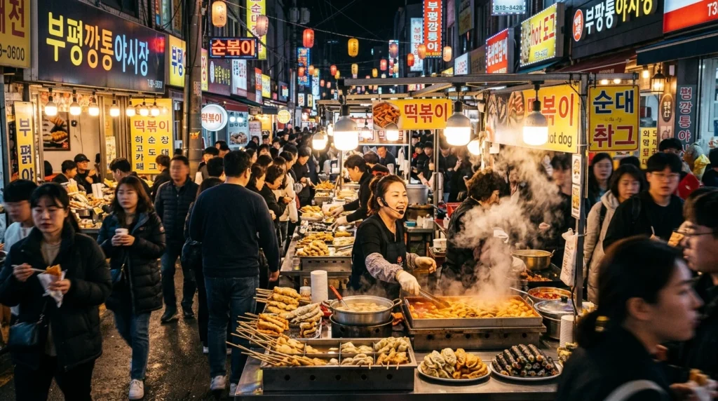 Bustling Busan market with glowing food stalls, sizzling grills and crowds 