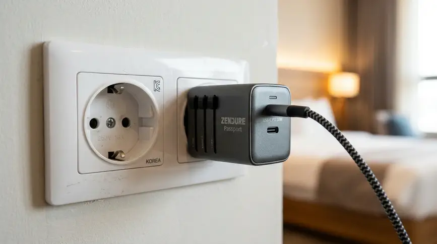 Close-up of white South Korean wall outlet with universal travel adapter and USB-C cable plugged in